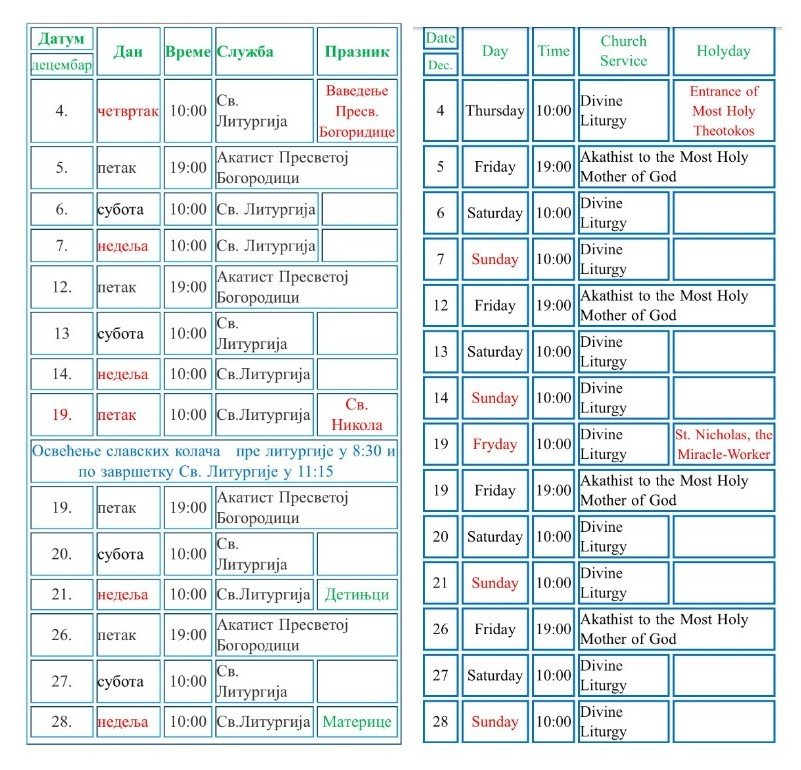 РАСПОРЕД БОГОСЛУЖЕЊА ЗА ДЕЦЕМБАР 2025